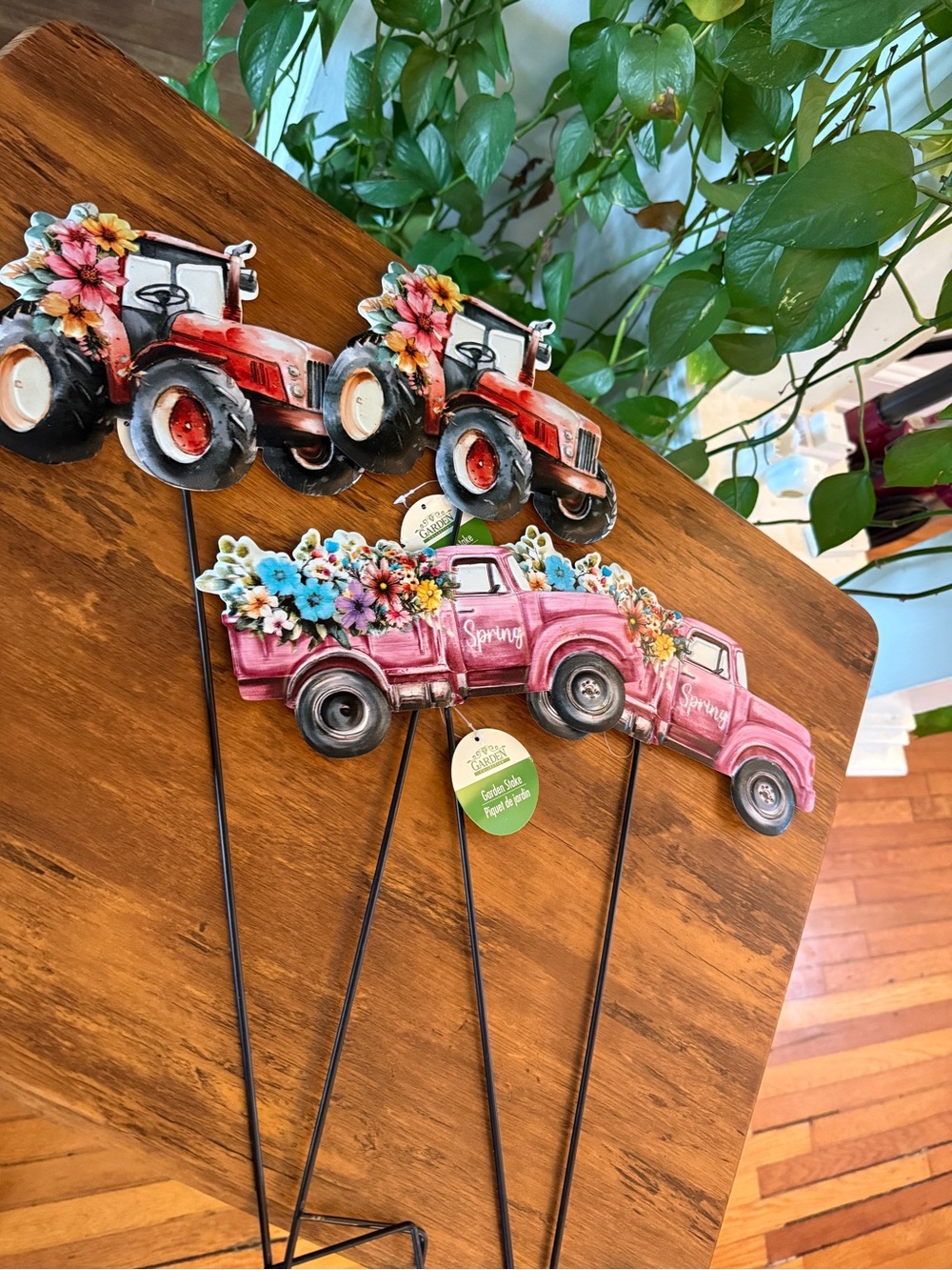 Garden Truck & Tractor Plant Stakes - Pink Truck and Red Tractor (4) new tags